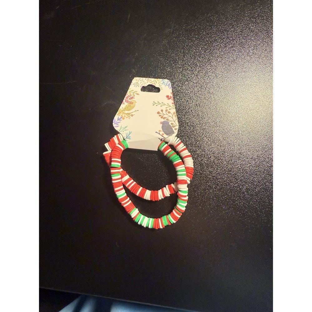 Hand Made 2 Pack Christmas‎ Red, Green, White Holiday Clay Bead Bracelet